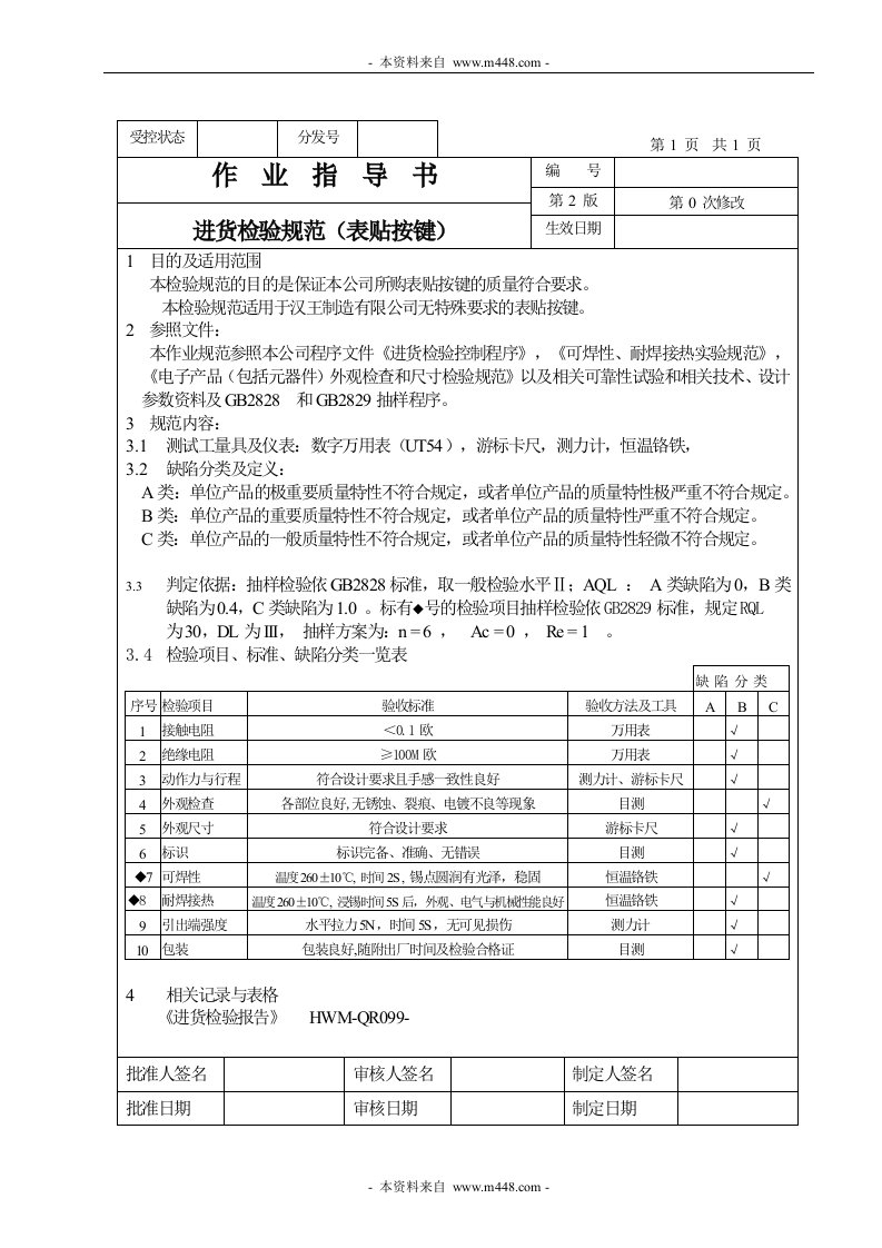 进货检验规范作业指导书（表贴按键）-作业指导