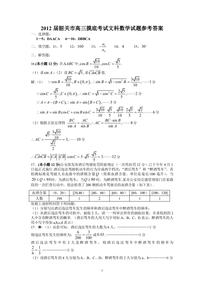 【小学中学教育精选】【小学中学教育精选】【小学中学教育精选】2012届韶关市高三摸底考试文科数学试题参考答案