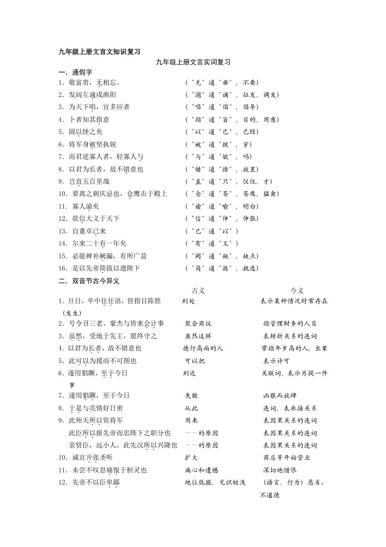 九年级上册文言文知识复习