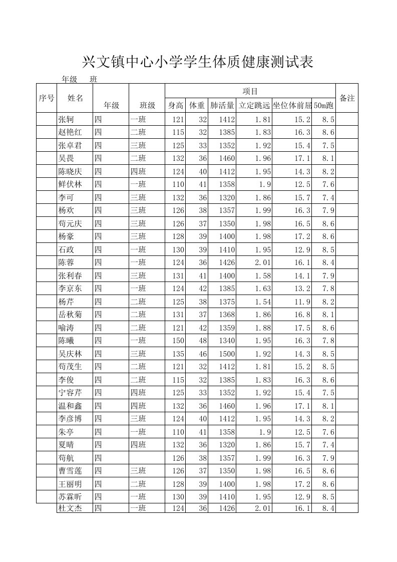 学生体质健康测试表