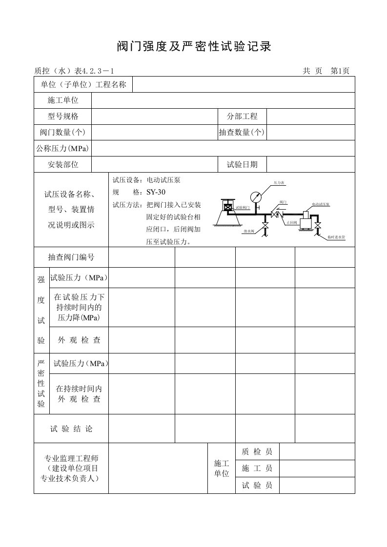 阀门强度及严密性试验记录表格（精选）