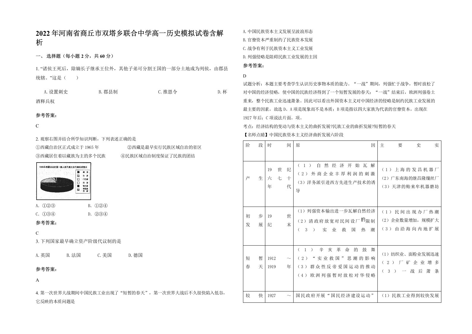 2022年河南省商丘市双塔乡联合中学高一历史模拟试卷含解析