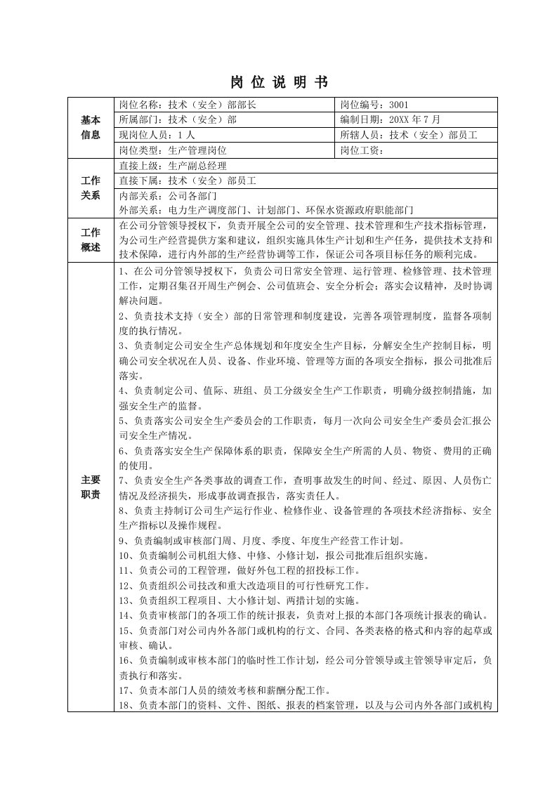 岗位职责-技术支持部岗位说明书