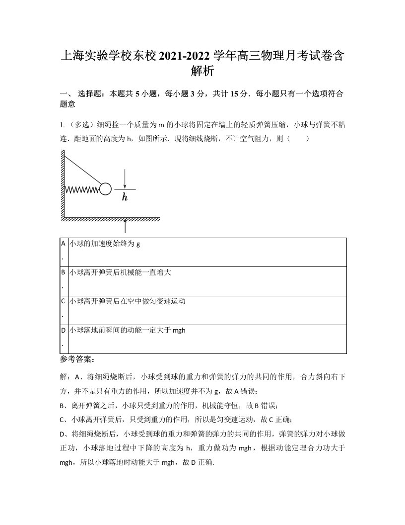 上海实验学校东校2021-2022学年高三物理月考试卷含解析