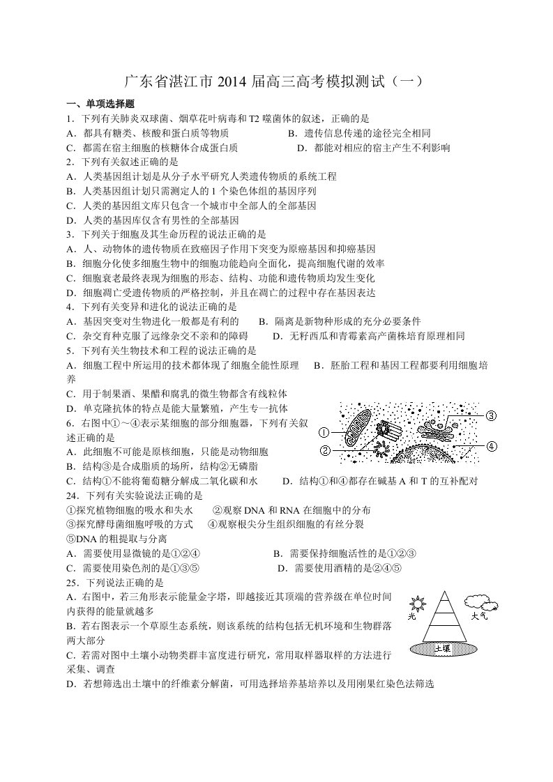 2014年湛江市高三第一次模拟生物试题