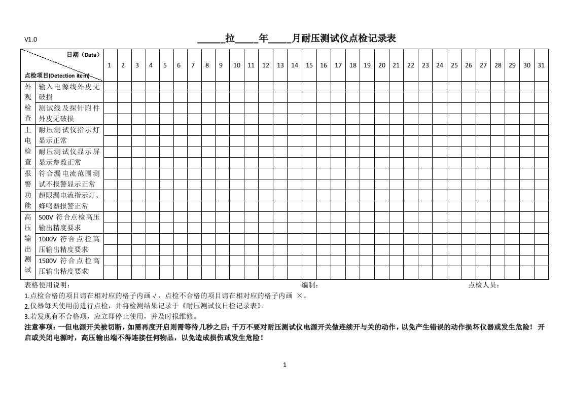 耐压测试仪点检记录表