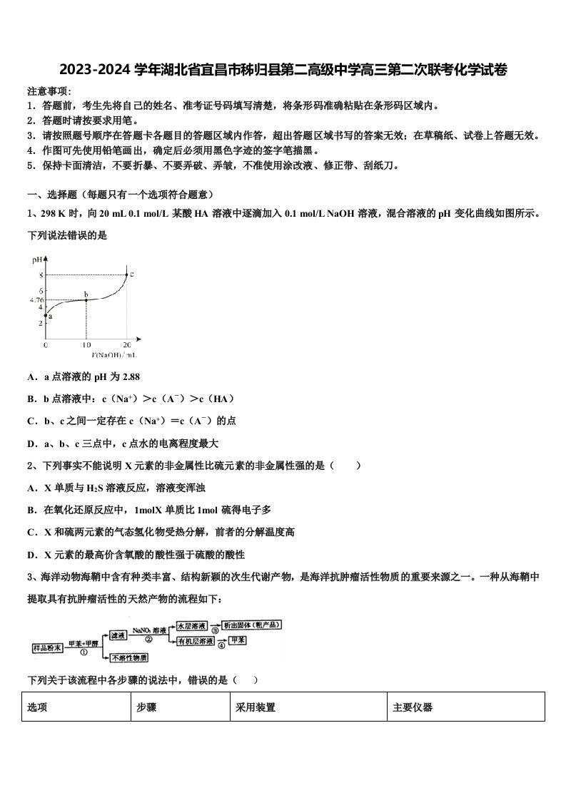 2023-2024学年湖北省宜昌市秭归县第二高级中学高三第二次联考化学试卷含解析