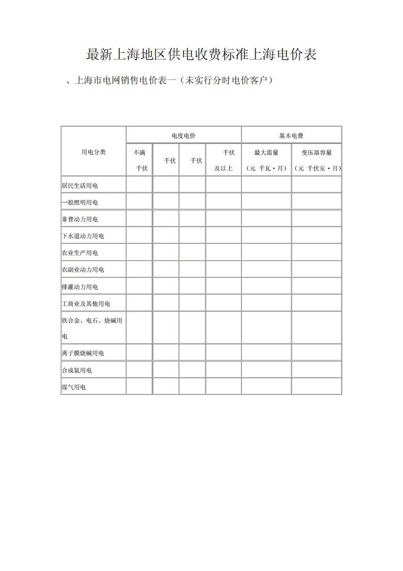 最新上海地区供电收费标准上海电价表