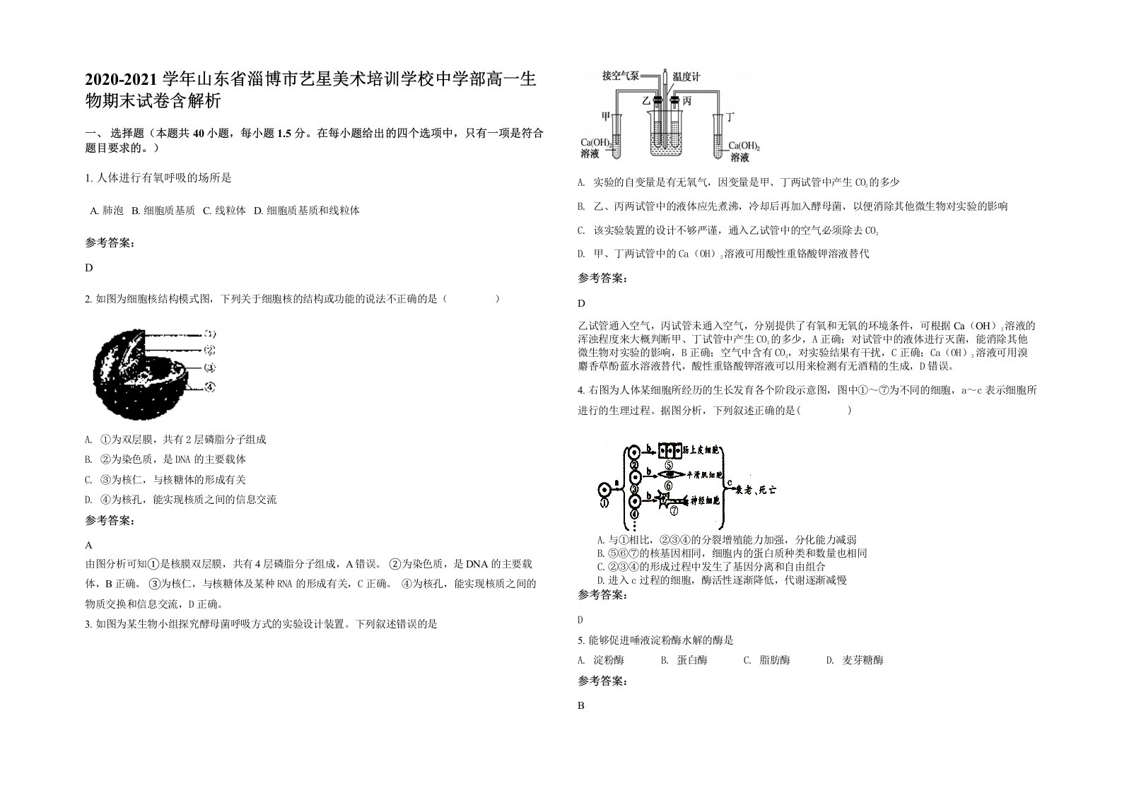 2020-2021学年山东省淄博市艺星美术培训学校中学部高一生物期末试卷含解析