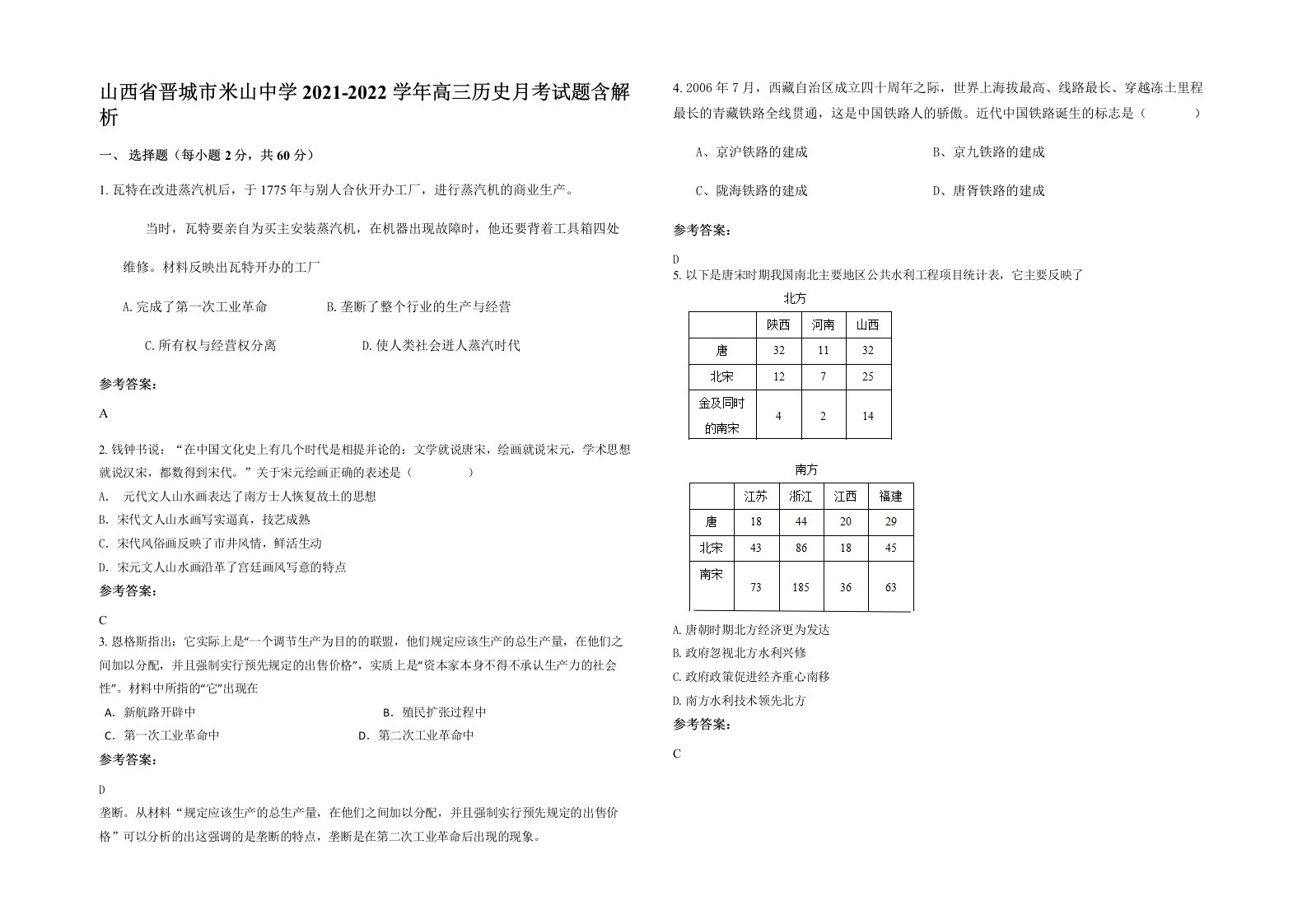 山西省晋城市米山中学2021-2022学年高三历史月考试题含解析