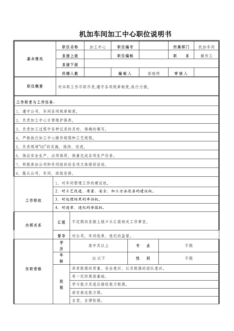 生产管理--车间加工中心职位说明书