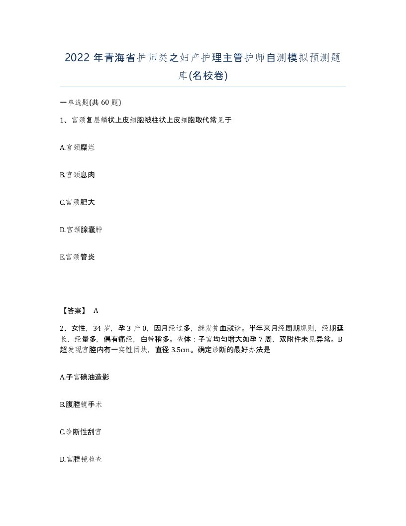 2022年青海省护师类之妇产护理主管护师自测模拟预测题库名校卷