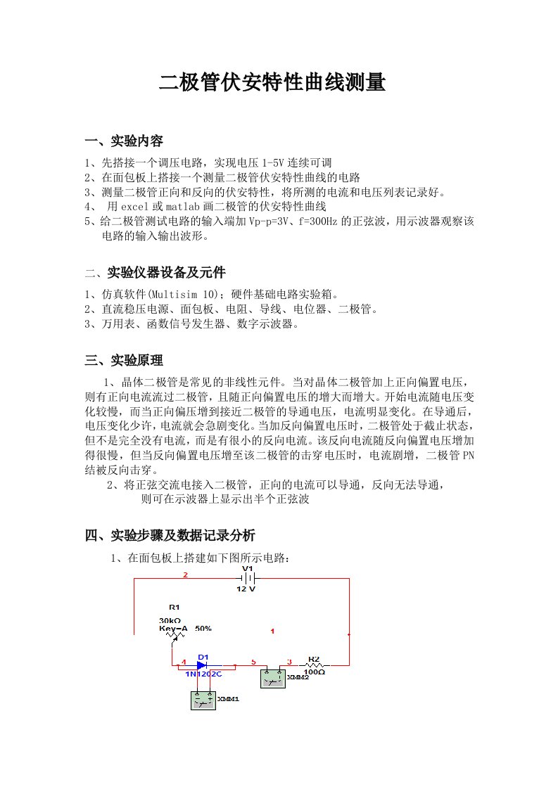 二极管伏安特性曲线测量