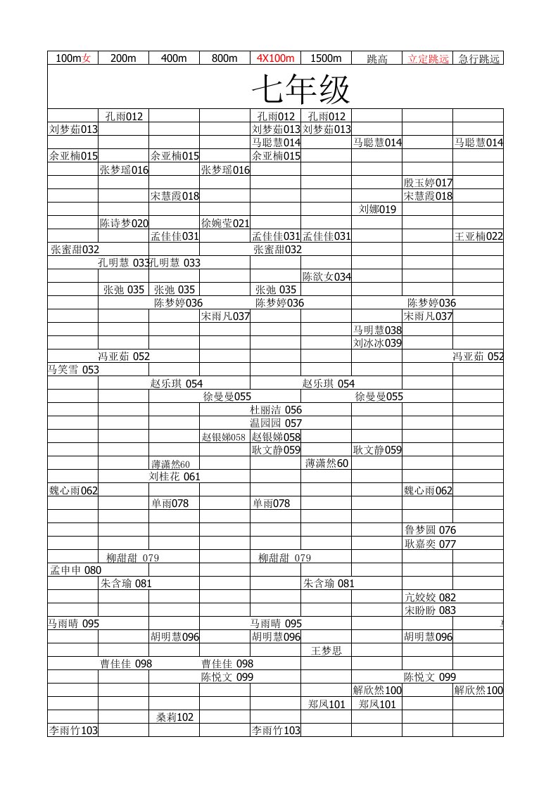 平舆一中运动会检录表