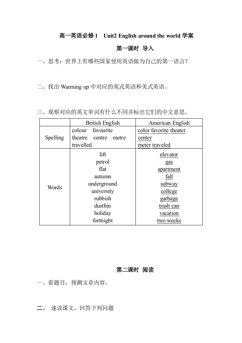 高一英语必修1Unit2Englisharoundtheworld学案