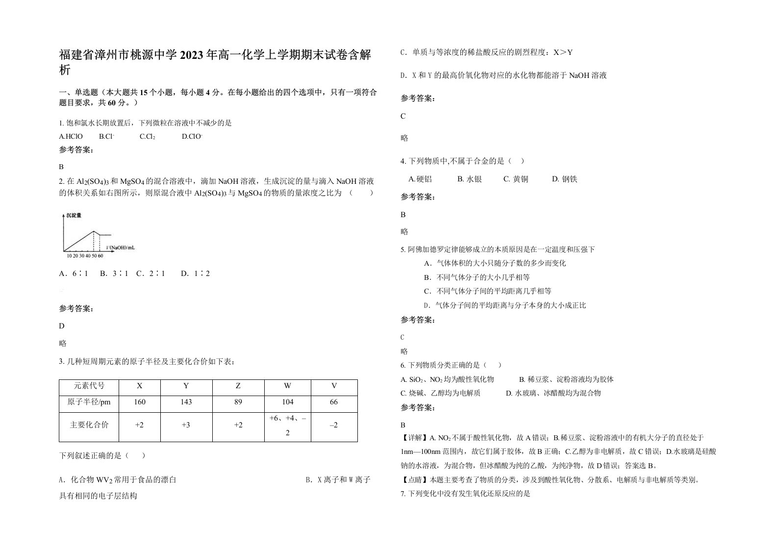 福建省漳州市桃源中学2023年高一化学上学期期末试卷含解析