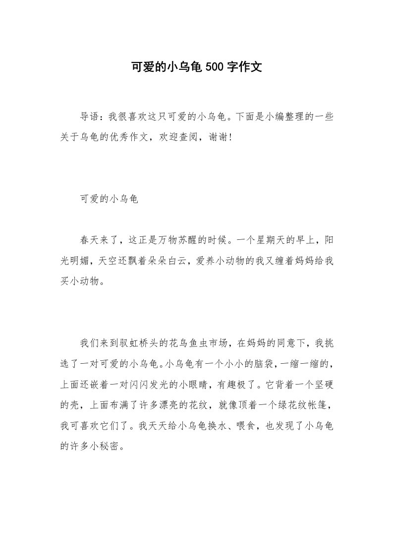 可爱的小乌龟500字作文