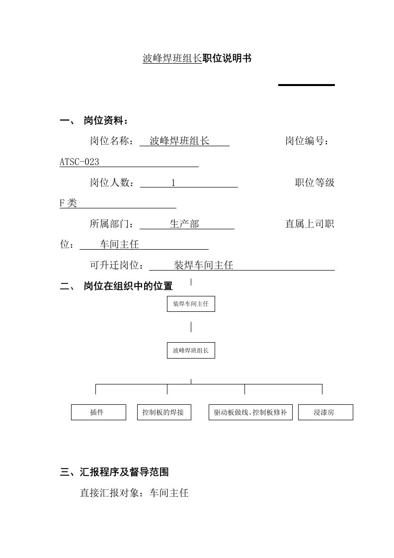 生产管理--波峰焊班组长职位说明书