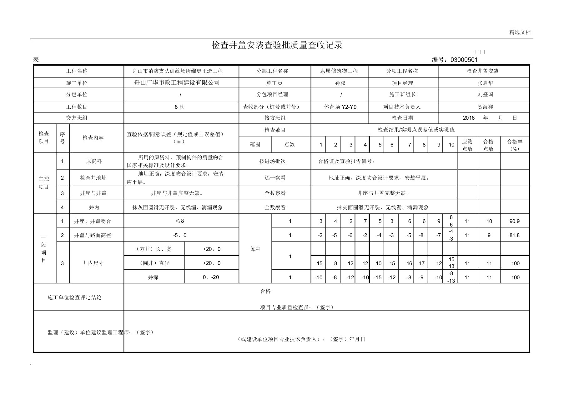 检查井盖安装检验批质量验收记录