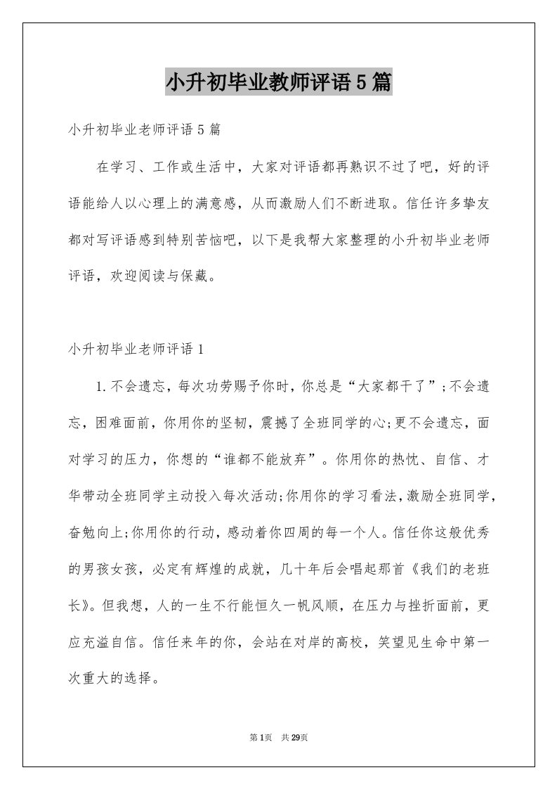 小升初毕业教师评语5篇