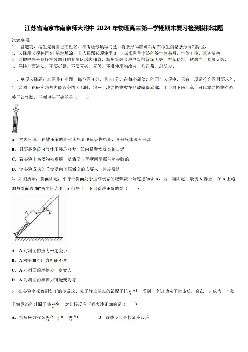 附中2024年物理高三第一学期期末复习检测模拟试题含解析