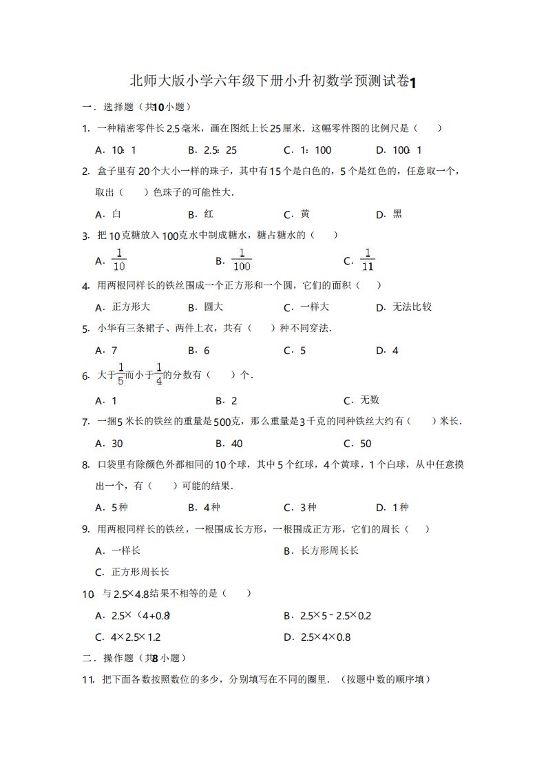 北师大版小学数学六年级下册小升初试卷附答案