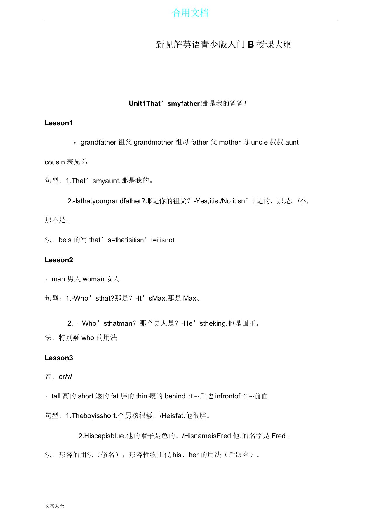 新概念英语青少版入门级B教学提纲