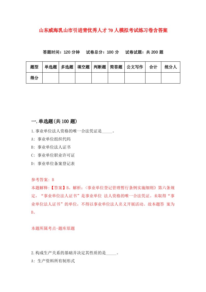 山东威海乳山市引进青优秀人才70人模拟考试练习卷含答案0