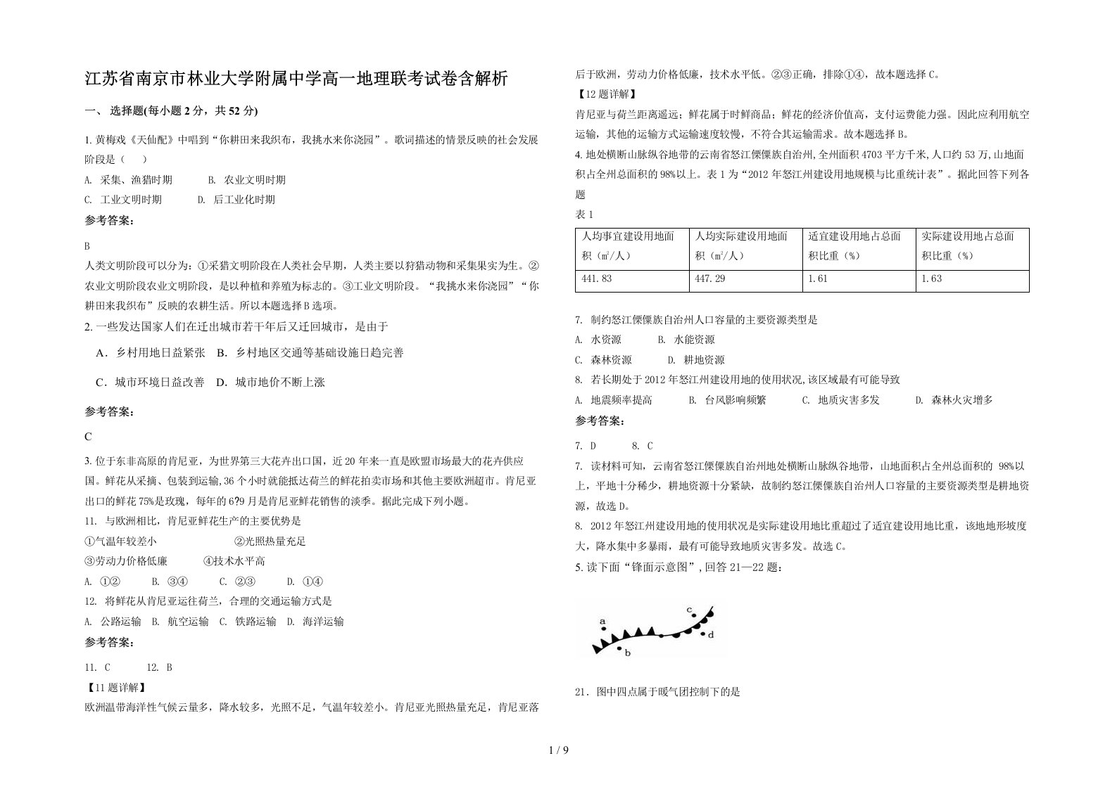 江苏省南京市林业大学附属中学高一地理联考试卷含解析