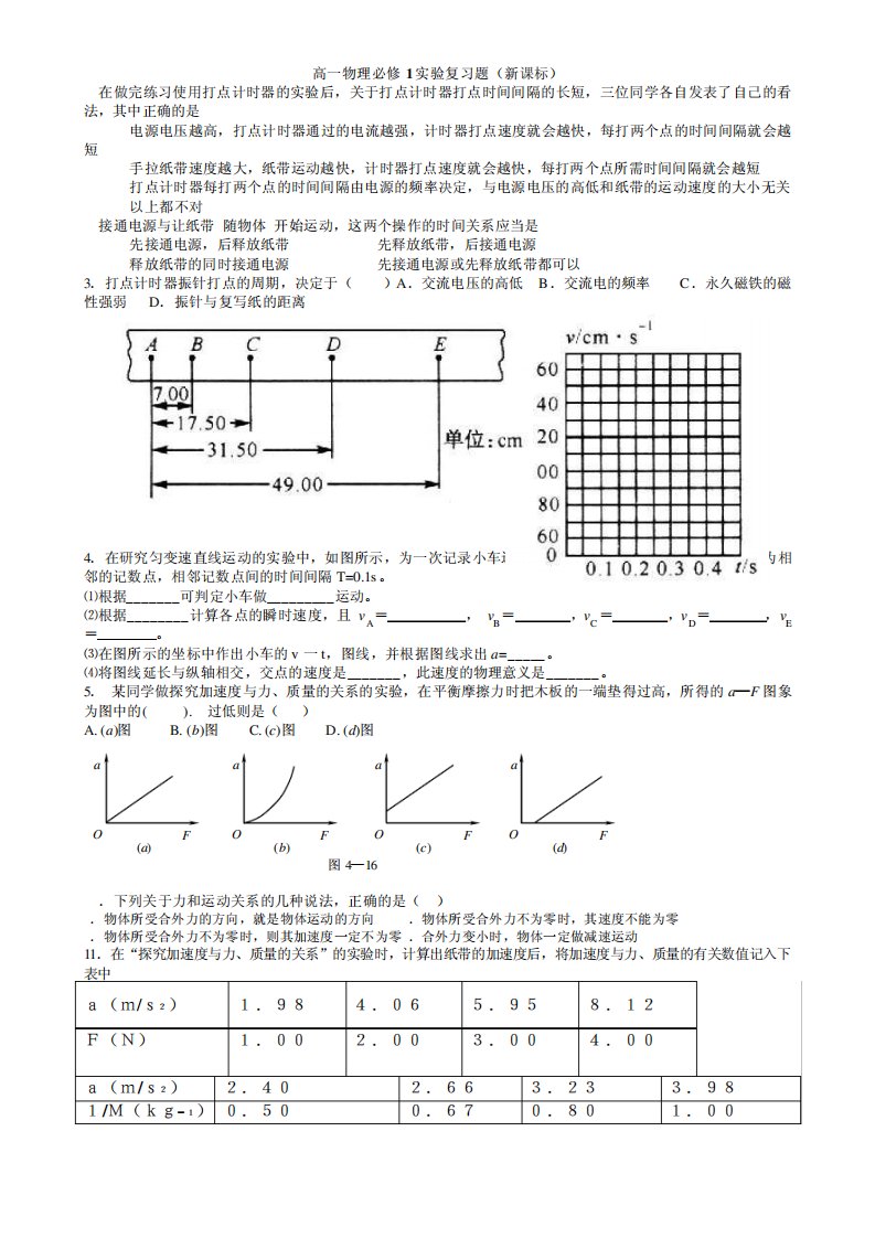 1高一物理必修1实验复习题(新课标)