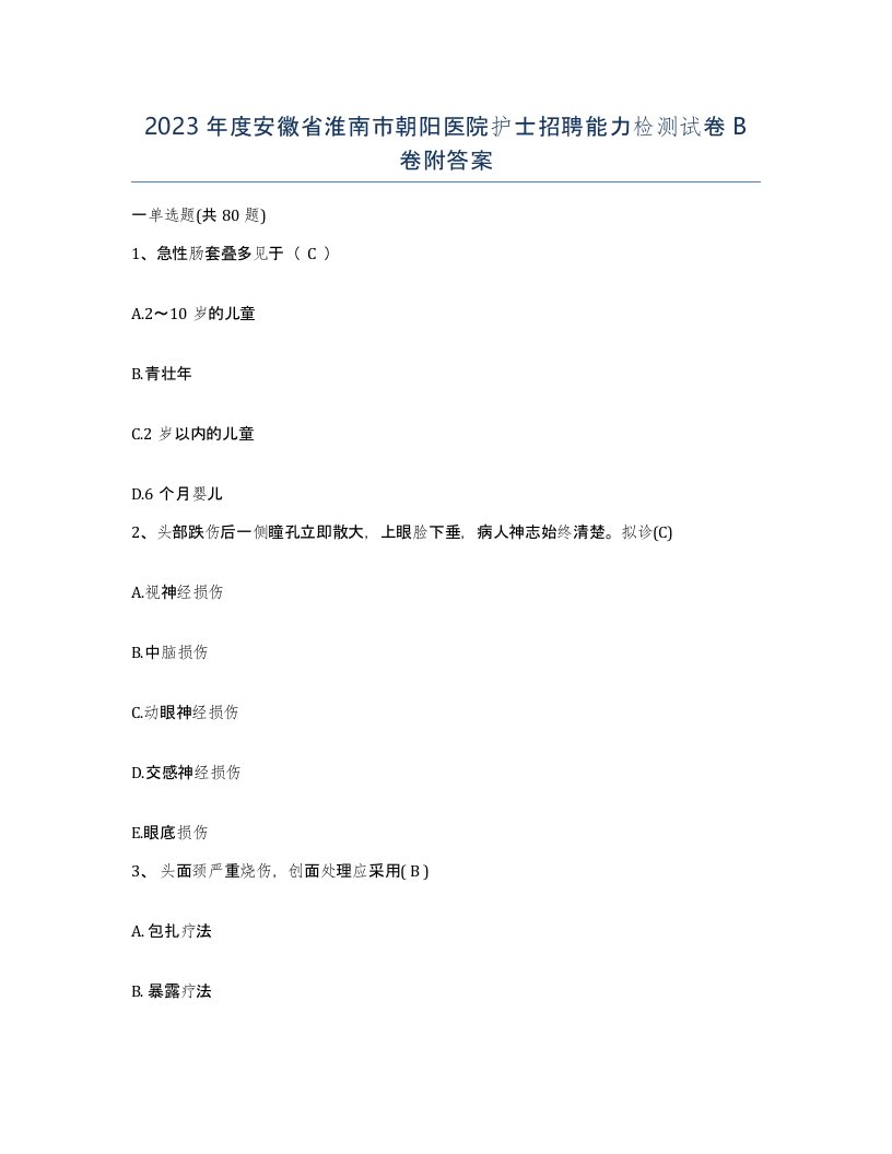 2023年度安徽省淮南市朝阳医院护士招聘能力检测试卷B卷附答案