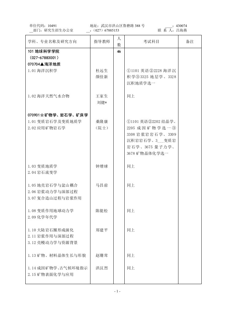 专业名称及研究方向