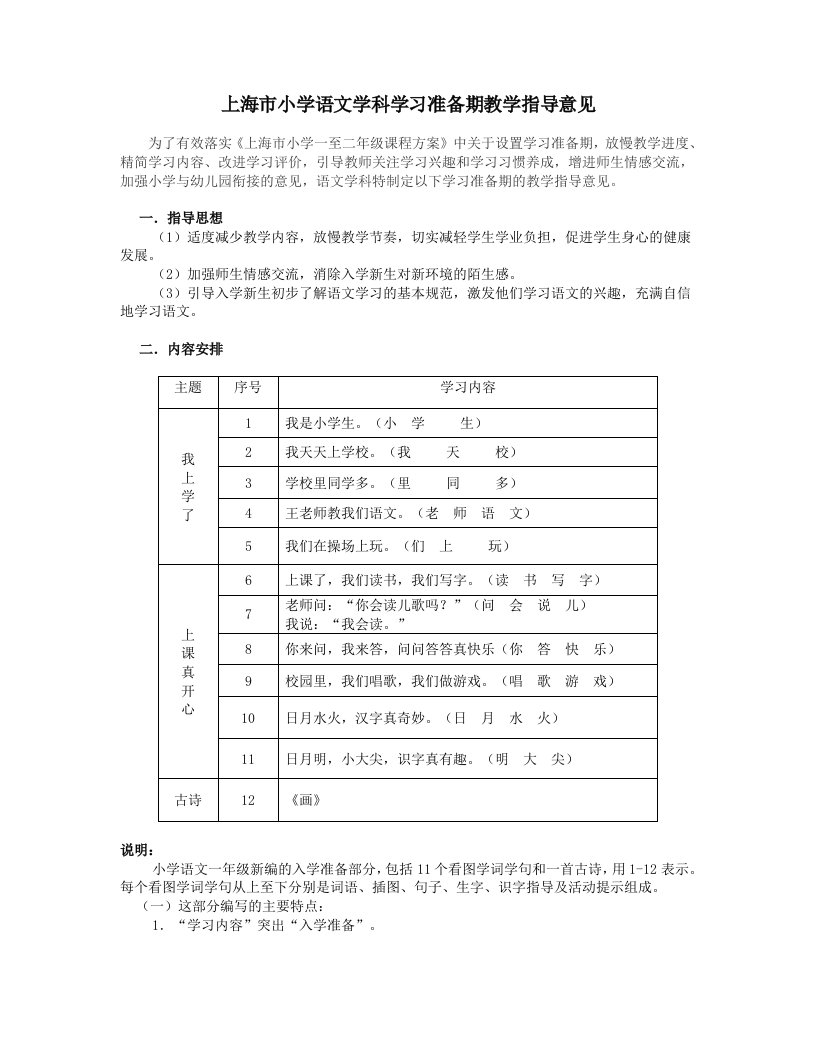 上海市小学语文学科学习准备期教学指导意见