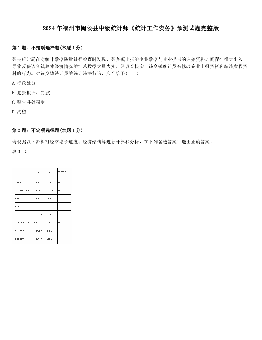 2024年福州市闽侯县中级统计师《统计工作实务》预测试题完整版