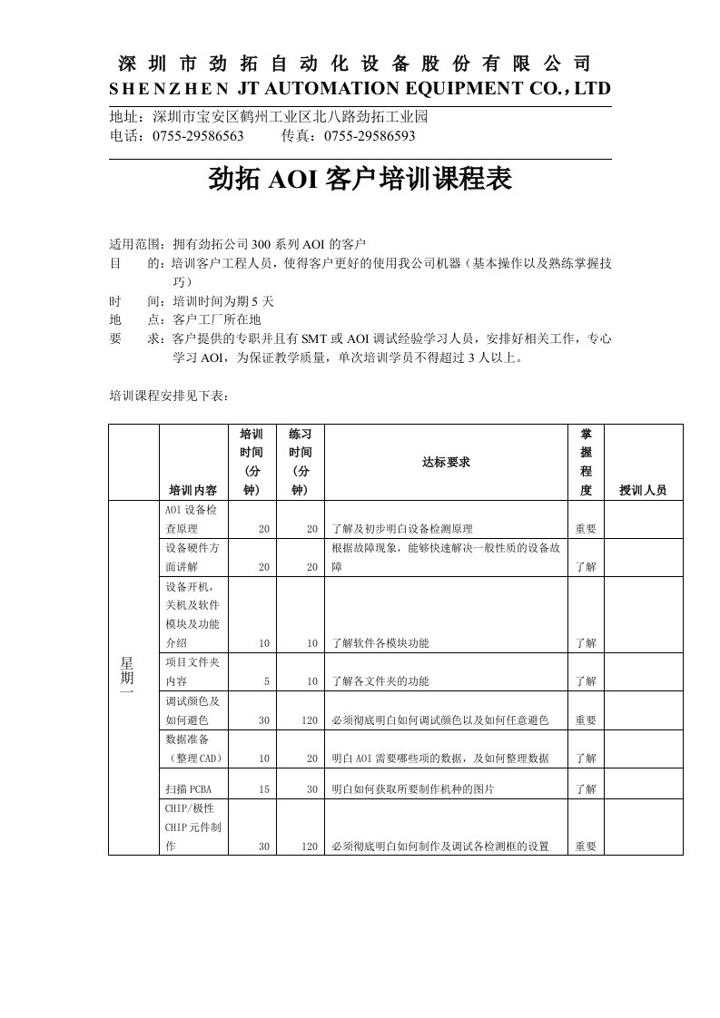 劲拓AOI客户培训课程表