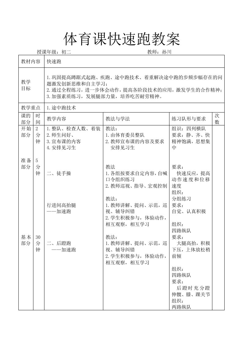 初中体育田径快速跑教案