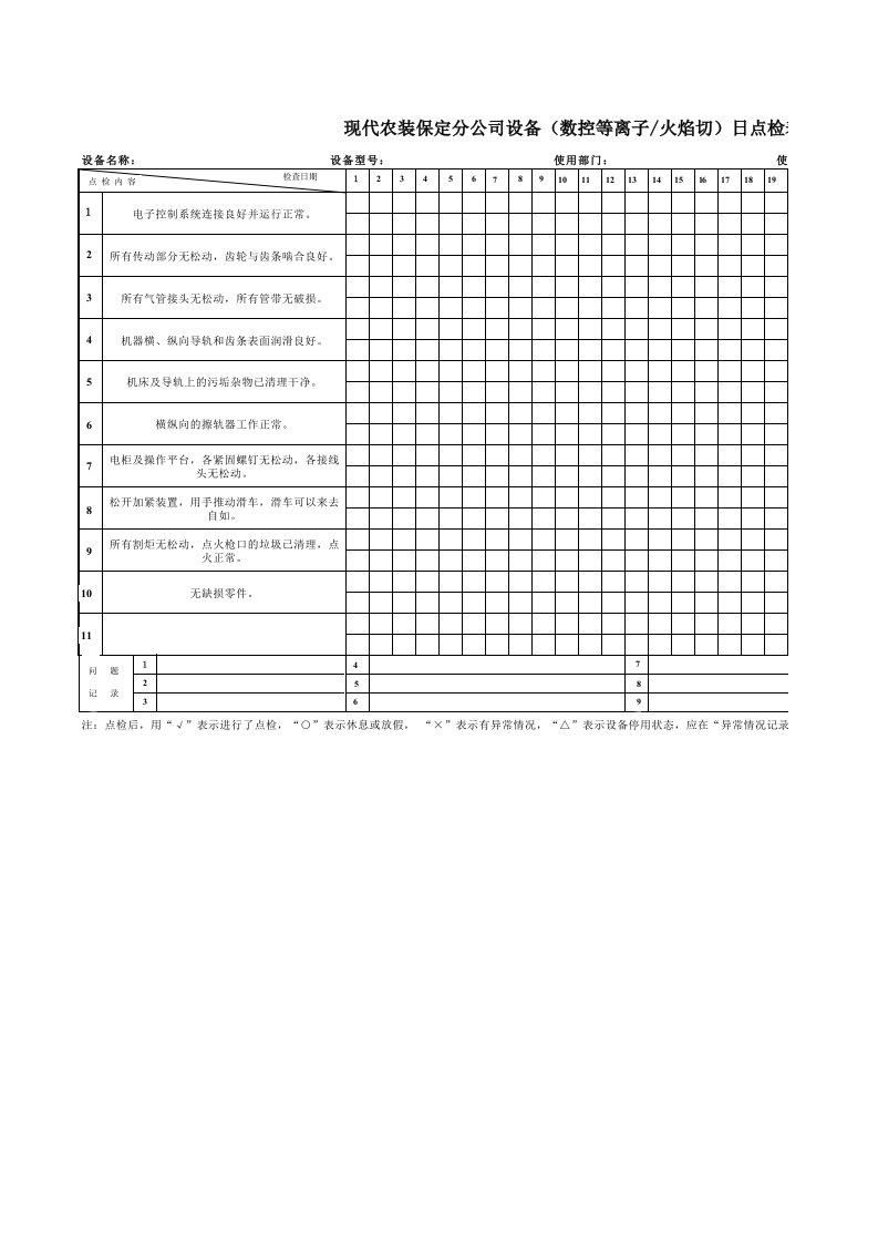 数控等离子切割机日点检表