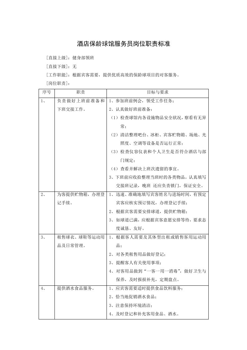 推荐-酒店保龄球馆服务员岗位职责标准