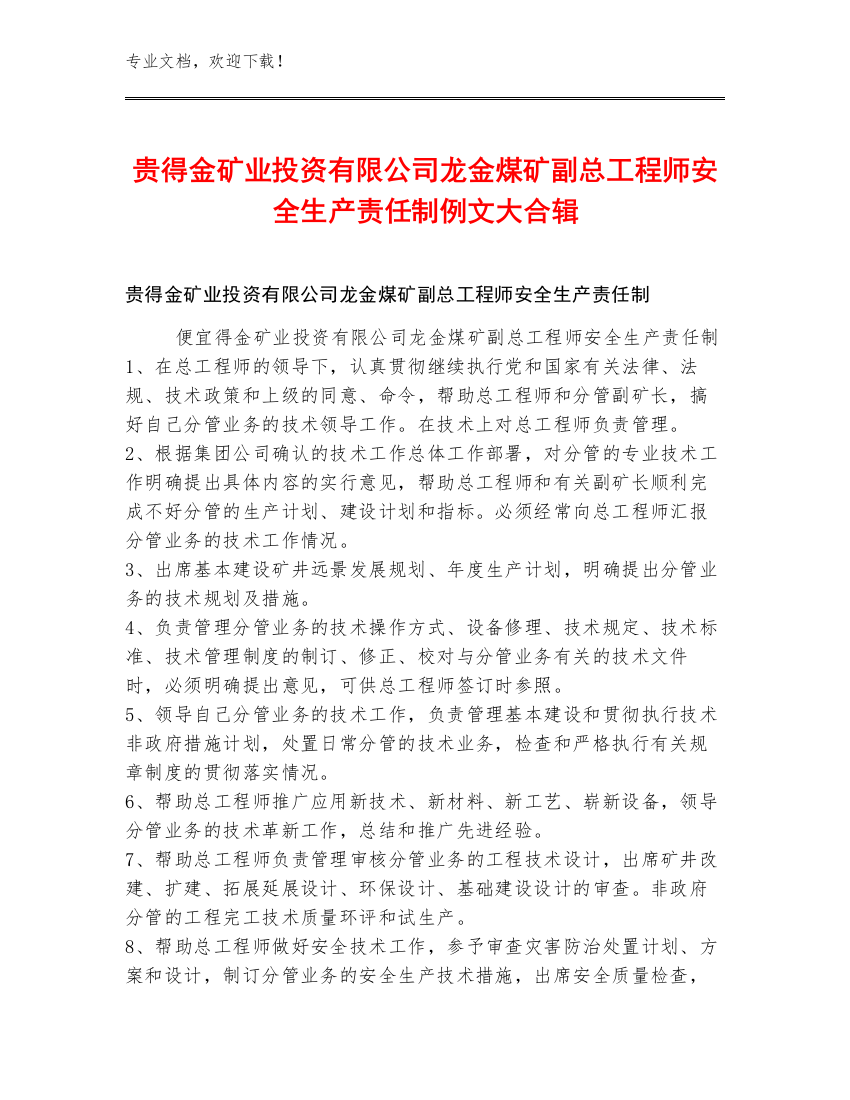 贵得金矿业投资有限公司龙金煤矿副总工程师安全生产责任制例文大合辑