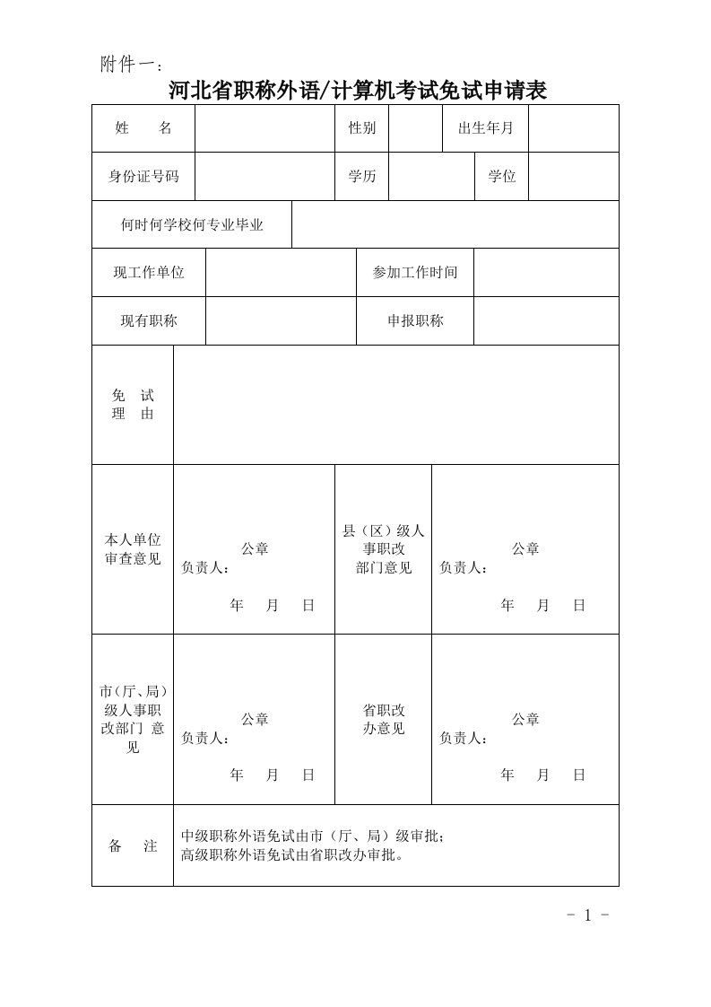 河北省职称外语、计算机考试免试申请表及报送材料目录