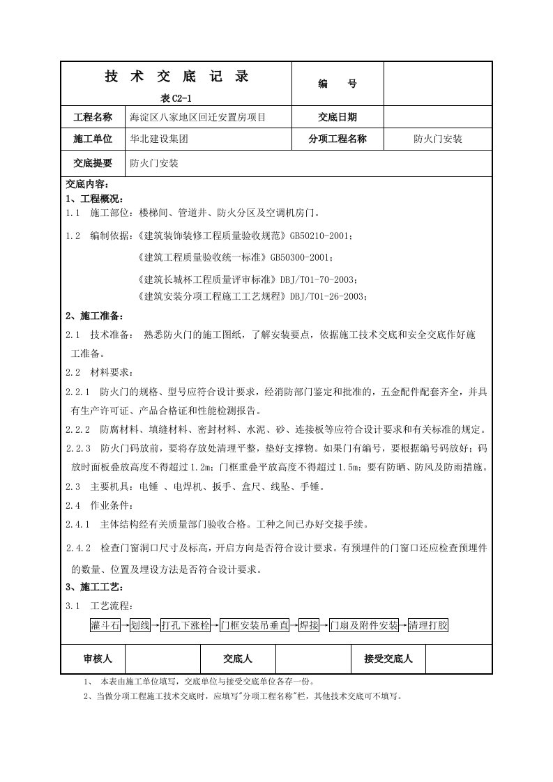 安置房项目防火门安装技术交底