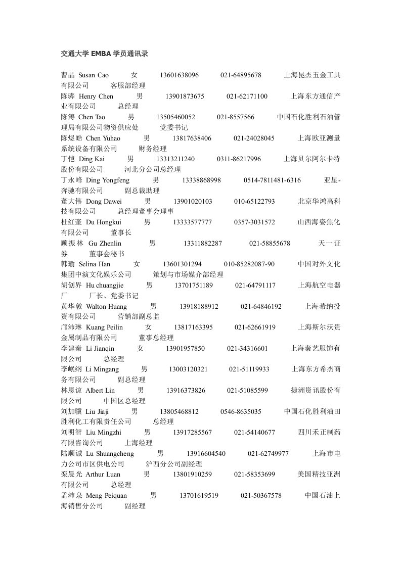 交通大学EMBA学员通讯录