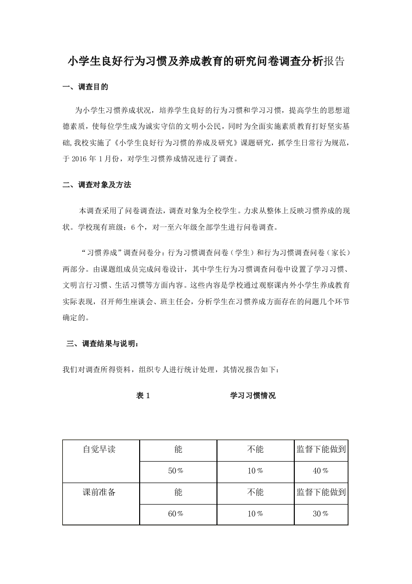 小学生良好行为习惯及养成教育的研究问卷调查分析工作报告