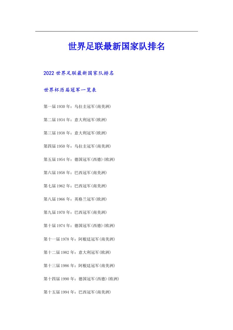 世界足联最新国家队排名