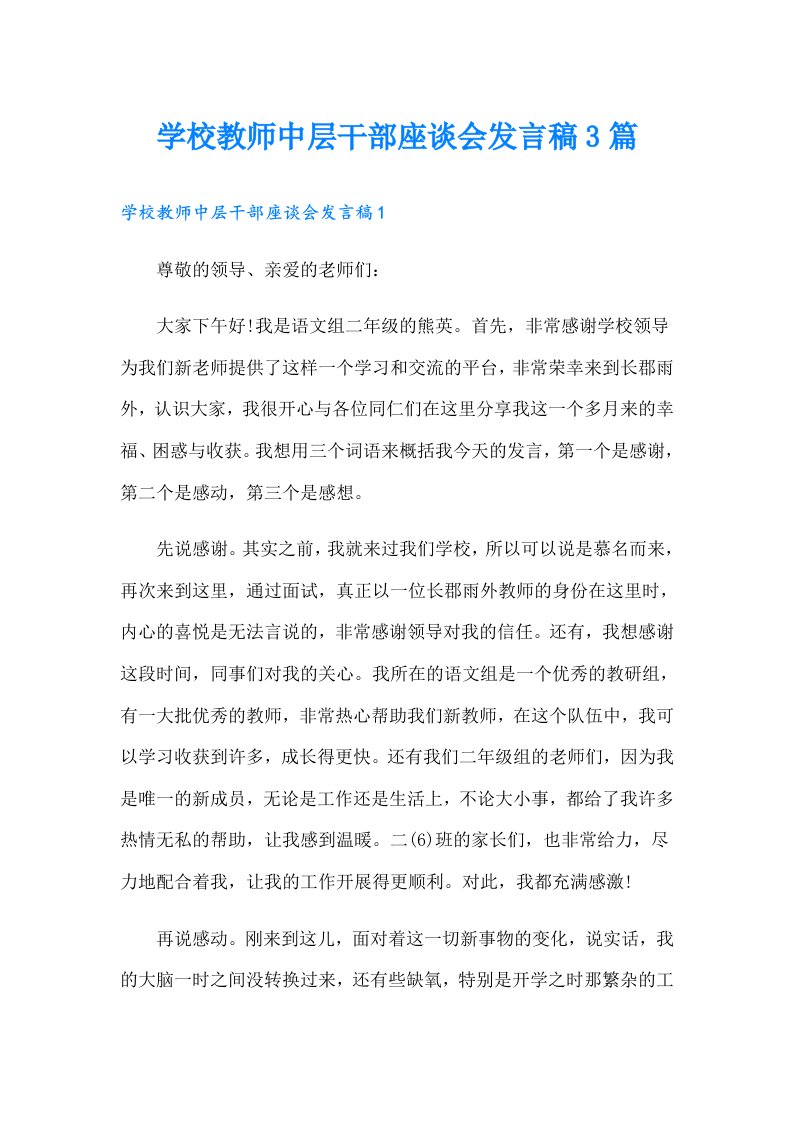 学校教师中层干部座谈会发言稿3篇