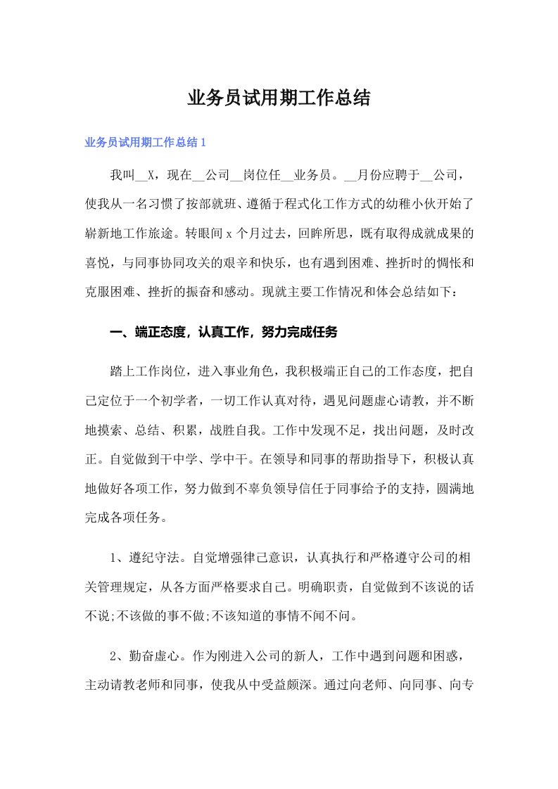 （整合汇编）业务员试用期工作总结