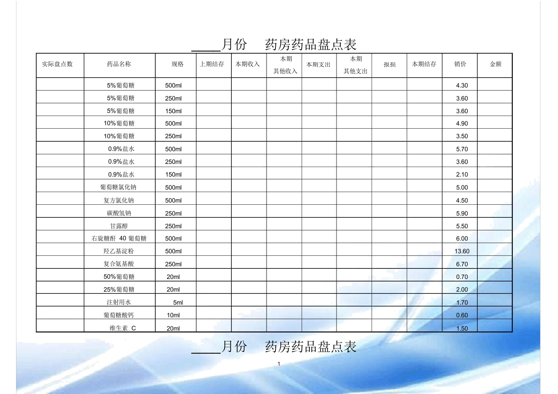 药房药品盘点表