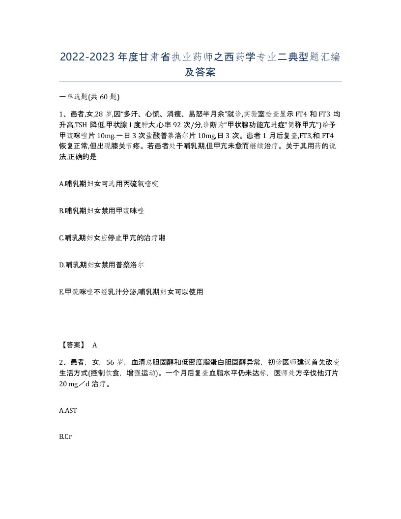 2022-2023年度甘肃省执业药师之西药学专业二典型题汇编及答案