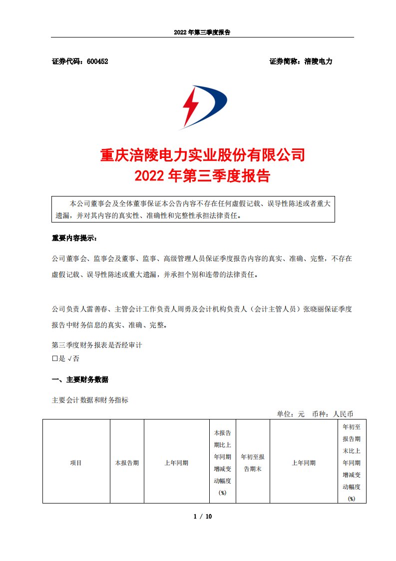 上交所-涪陵电力2022年第三季度报告-20221027