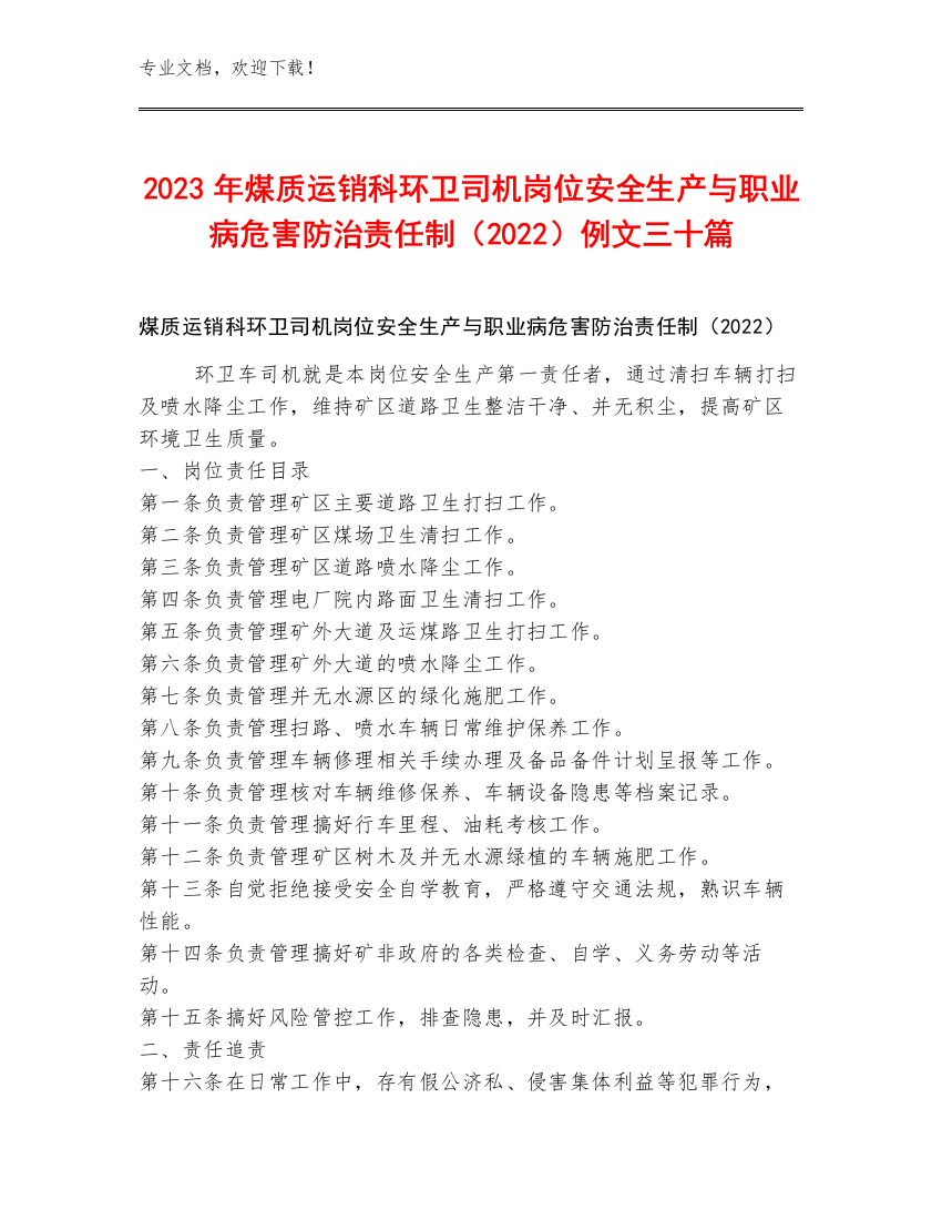 2023年煤质运销科环卫司机岗位安全生产与职业病危害防治责任制（2022）例文三十篇